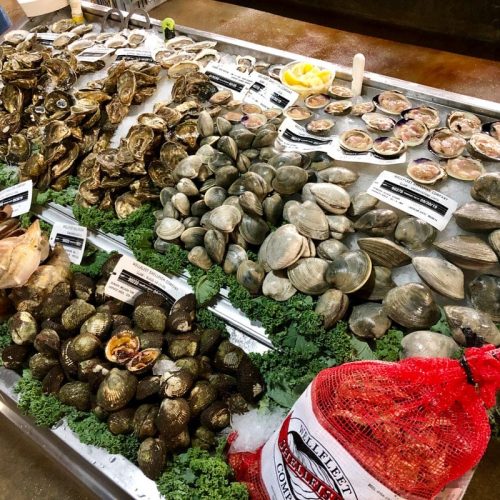Seafood from the North East USA is very varied. Here is part of a display of fresh seafood and crustaceans.